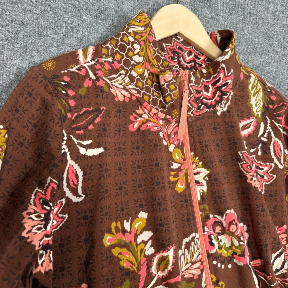 Sport Savvy Size 1X Jacket Brown Floral Printed Patchwork French Terry Full Zip